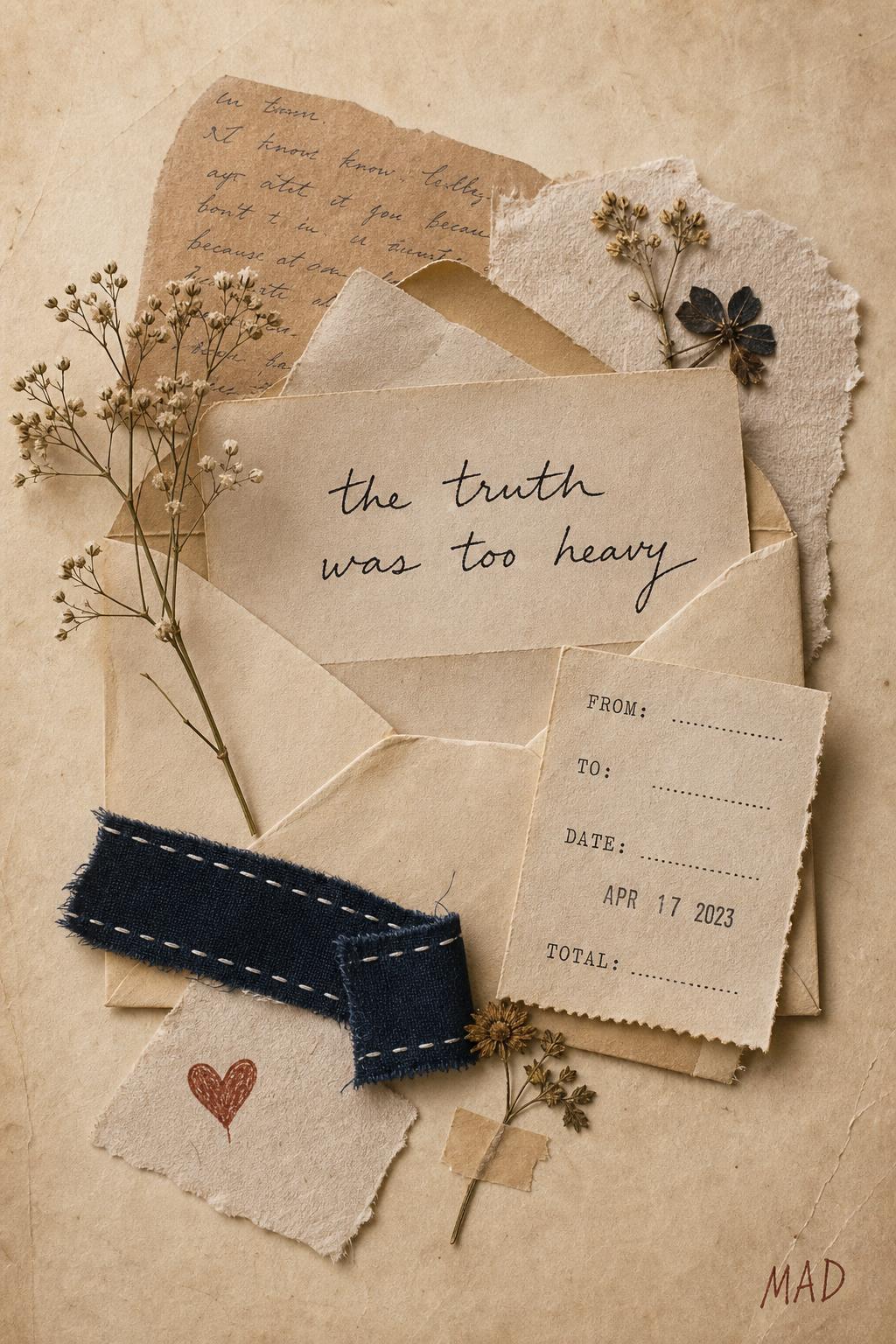 A handmade collage: an opened vintage envelope, a handwritten note that reads ‘the truth was too heavy’, a typewritten FROM TO DATE TOTAL receipt, pressed flowers, a navy stitched fabric ribbon and a small hand-drawn heart